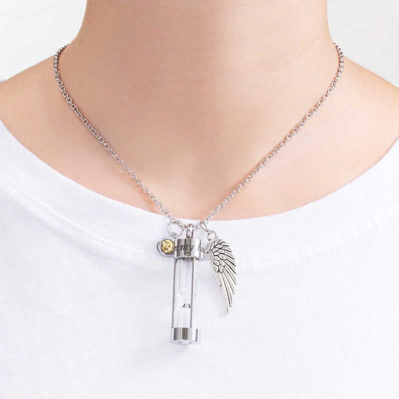 PREKIAR Cremation Urn Necklace for Ashes Time Hourglass Memory Jewelry Pendant Keepsake with Angel Wing and 12 Birthstones Forever In My Heart (Silver hourglass) - Image 4